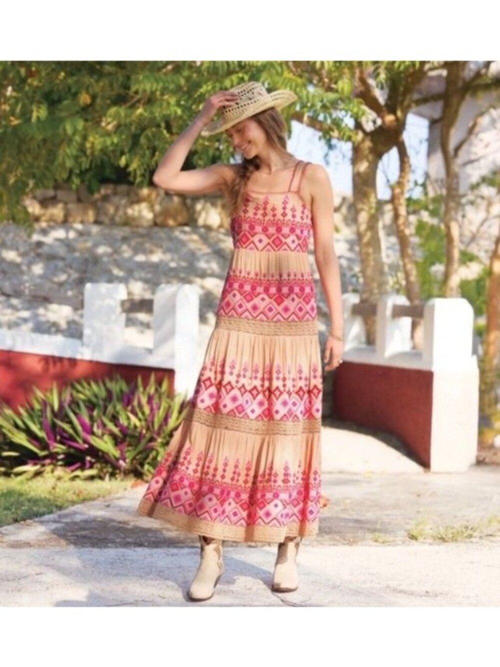 Sundance Embroidered Garden Sunset Maxi Dress Pink Tan Petite 12 12P NWT - Picture 2 of 9